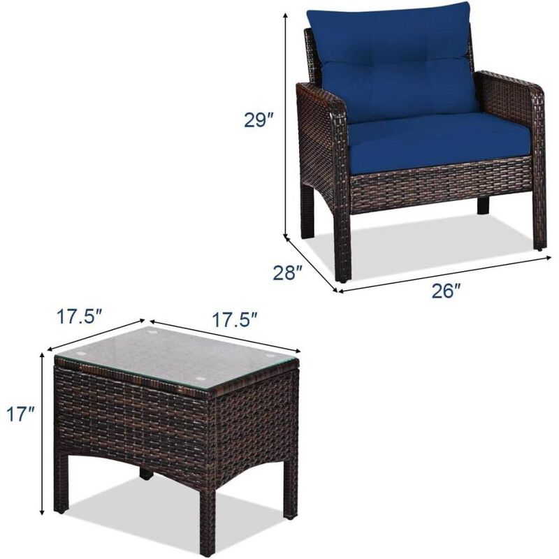 Hivvago 3-Piece Brown PE Rattan Outdoor Dining Patio Furniture Set with Blue Cushions