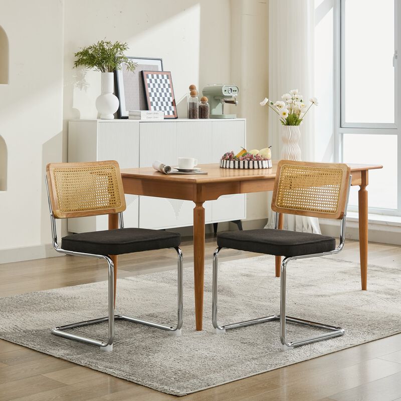 Whisen 2-Piece Mid Century Dining Chairs, Linen Upholstered with Cane Back & Chrome Base, Cantilever Design for Kitchen image number 2
