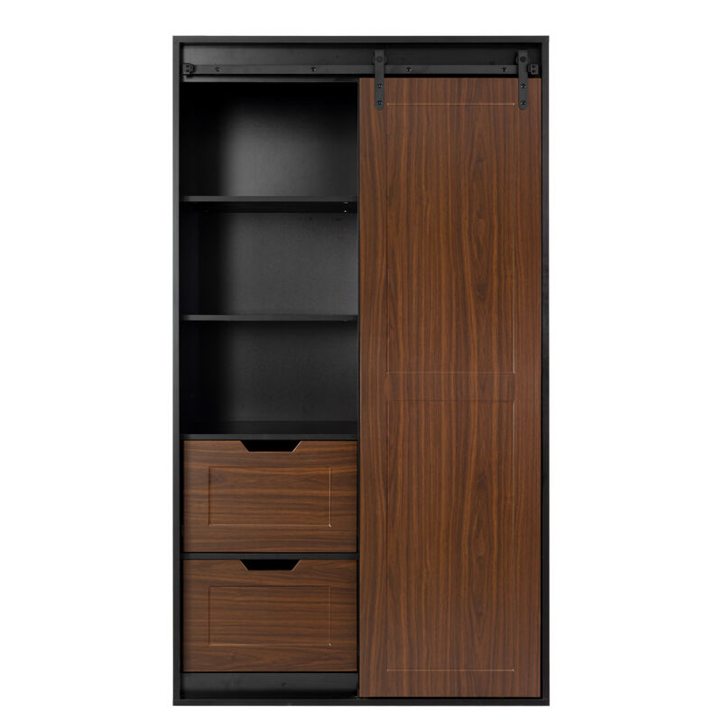 71 inch High wardrobe and cabinet Clothes Locker classic sliding barn door armoire, lockers, for bedrooms, cloakrooms, living rooms, color: black +brown