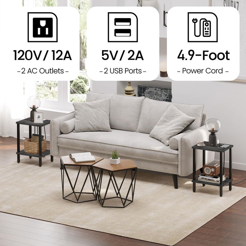 TUTOTAK End Table with Charging Station, Side Table with USB Ports and Outlets, Nightstand, 2-Tier Storage Shelf, Sofa Table for