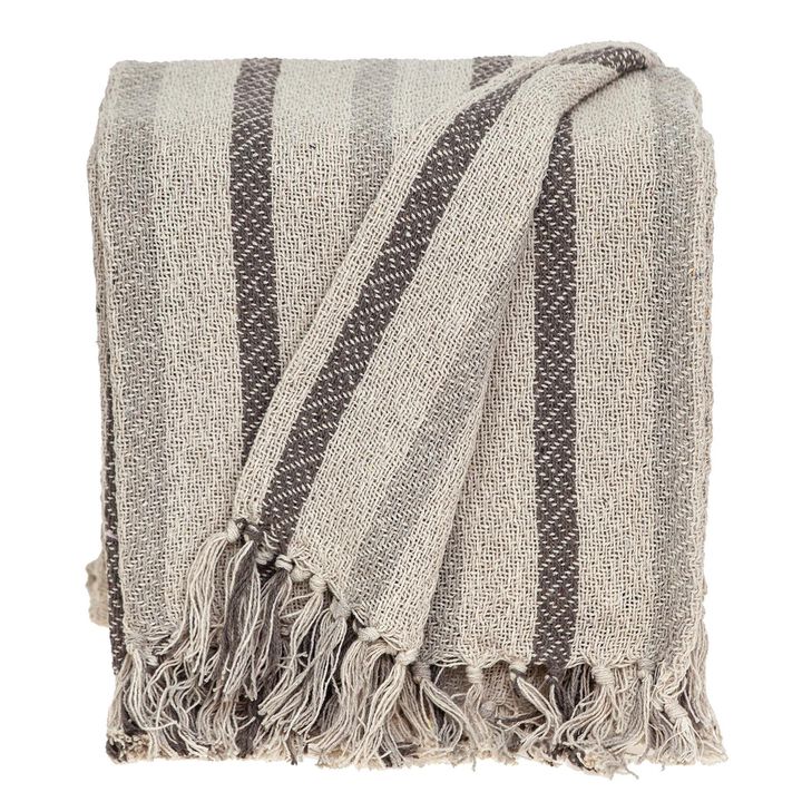 HomeRoots 67" X 52" Beige And Taupe Cotton Woven Striped Throw Blanket with Fringe