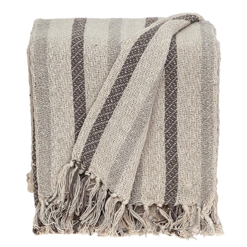 HomeRoots 67" X 52" Beige And Taupe Cotton Woven Striped Throw Blanket with Fringe image number 0