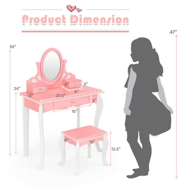 Kids Vanity Princess Makeup Dressing Table Stool Set with Mirror and Drawer-Pink image number 5