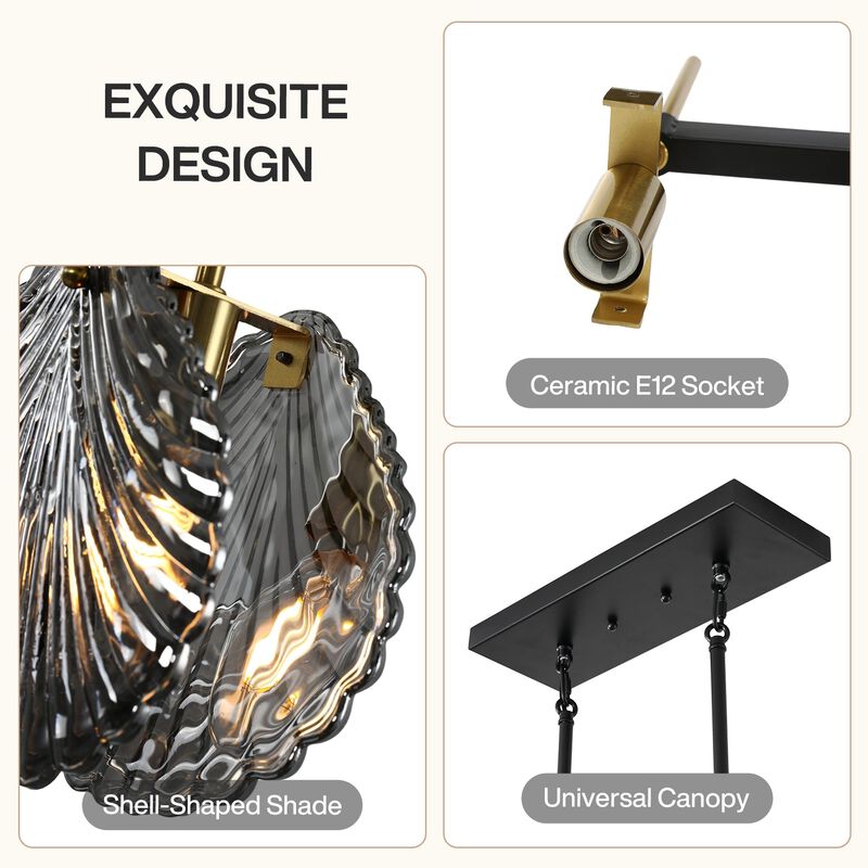 Five-Light Linear Chandelier, Smoky Gray Shell Glass, Black and Gold image number 7