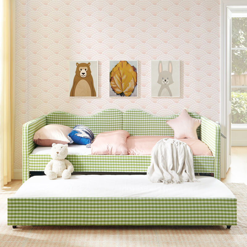 Merax Gingham Daybed with Trundle & Guardrails &ndash; Solid Wood Frame, Side Storage Pocket image number 4