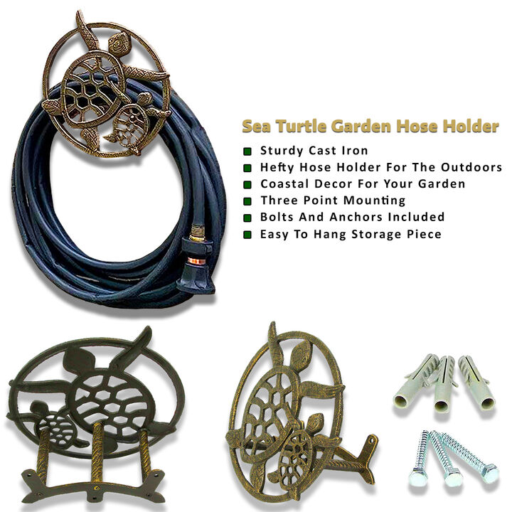 Cast Iron Sea Turtle Decorative Wall Mounted Garden Hose Holder Bronze Finish