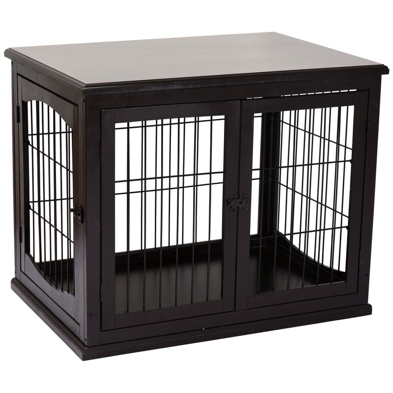 Coffee-Colored Pet Furniture: Wooden Dog Crate End Table, Two Openings