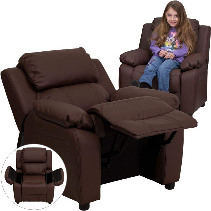 Flash Furniture Charlie LeatherSoft Kids Recliner with Flip-Up Storage Arms and Safety Recline, Contemporary Reclining Chair for Kids, Supports up to 90 lbs., Brown