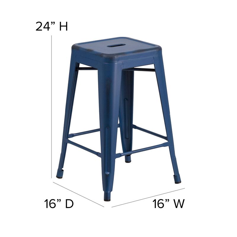 Flash Furniture Commercial Grade 24" High Backless Distressed Antique Blue Metal Indoor-Outdoor Counter Height Stool image number 2