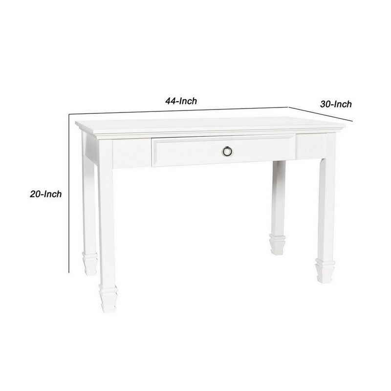 Single Drawer Wooden Desk with Metal Ring Pull and Tapered Legs, White-Benzara