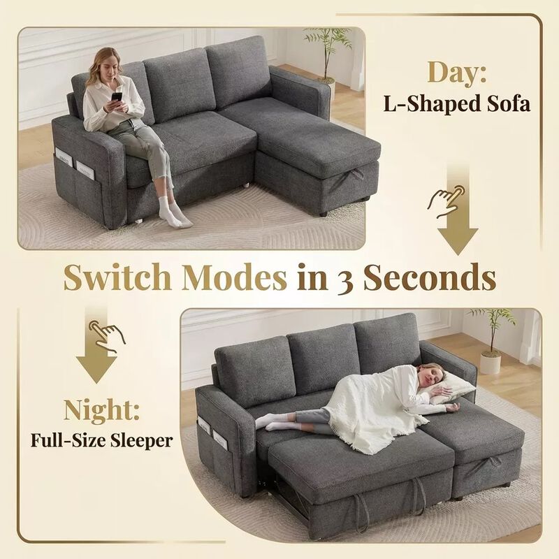 81" Sleeper Sofa Bed, 2 in 1 Pull Out Couch, Sectional Sofa with Reversible Storage, Side Pockets image number 4