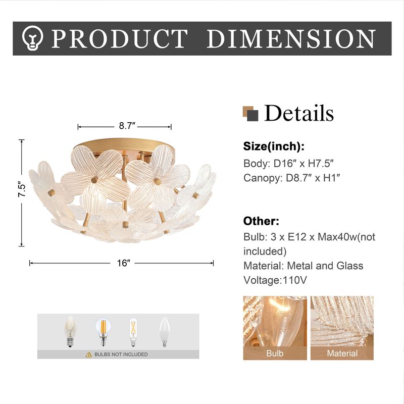 Estrella Modern 3-Light 16" Brushed Brass Clear Glass Flower Flush Mount image number 6