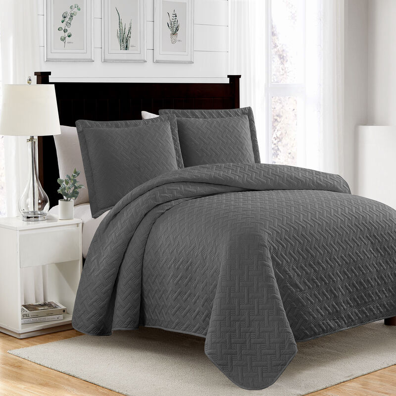RT Designers Collection Bella 3pc Pinsonic Premium Quality All Year Round Quilt Set for Revitalize Bedroom King Charcoal