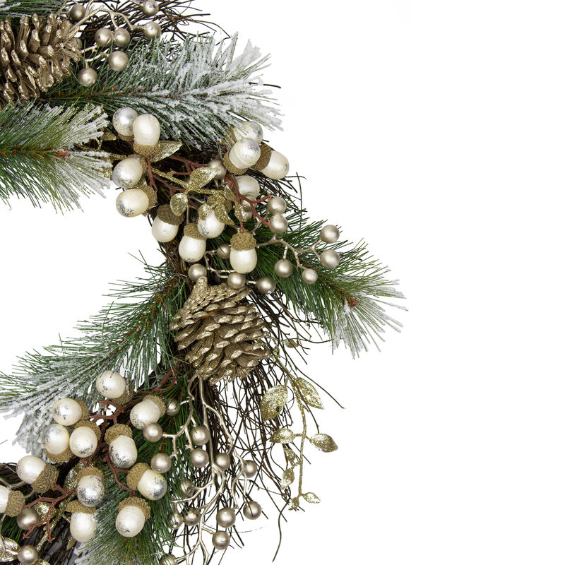 Acorn and Pine Cone Flocked Pine Needle Artificial Christmas Wreath - 22-Inch  Unlit