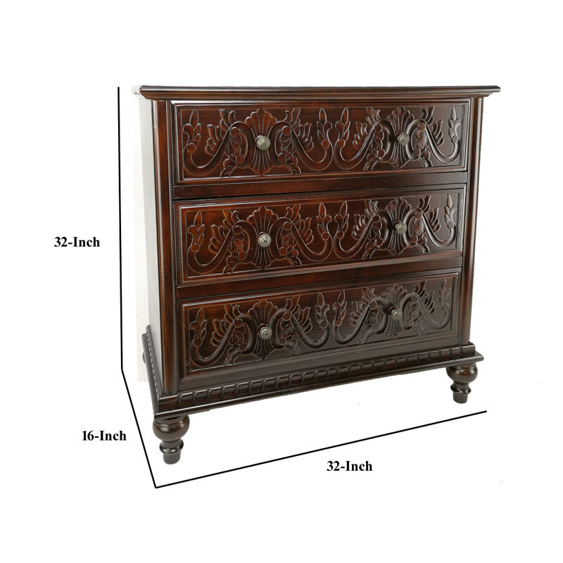 32 Inch Classic Wood Dresser Chest, 3 Drawers, Floral Carving, Brass, Brown
