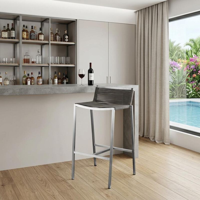 HomeRoots 28" Brown And Silver Stainless Steel Low Back Bar Height Bar Chair image number 1