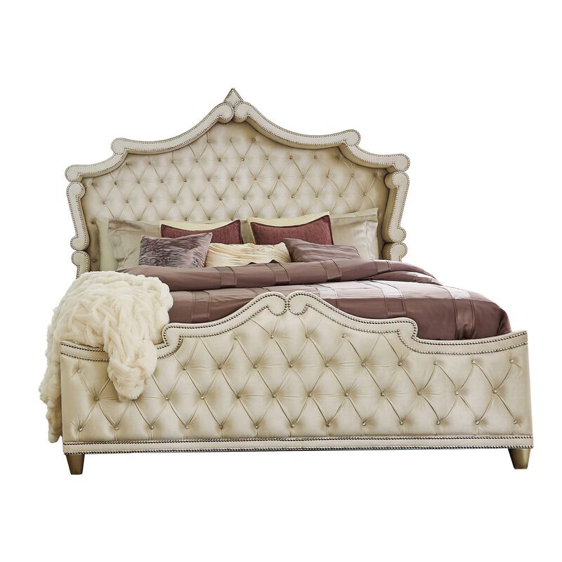 Lino Wood King Bed, Opulent Tufted Velvet Upholstery, French Carved, Ivory - Benzara