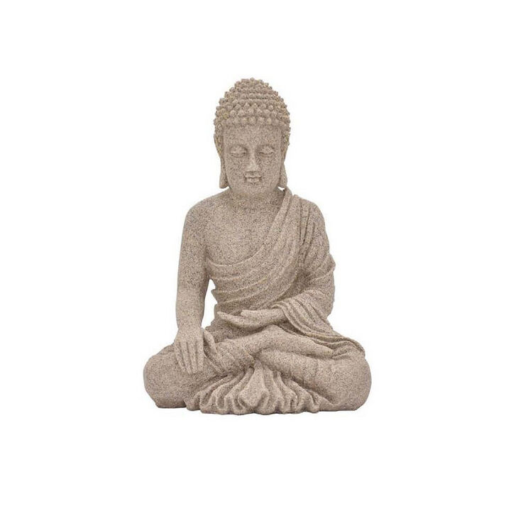14 Inch Sitting Buddha Figurine, Durable Resin, Classic Textured Brown - Benzara