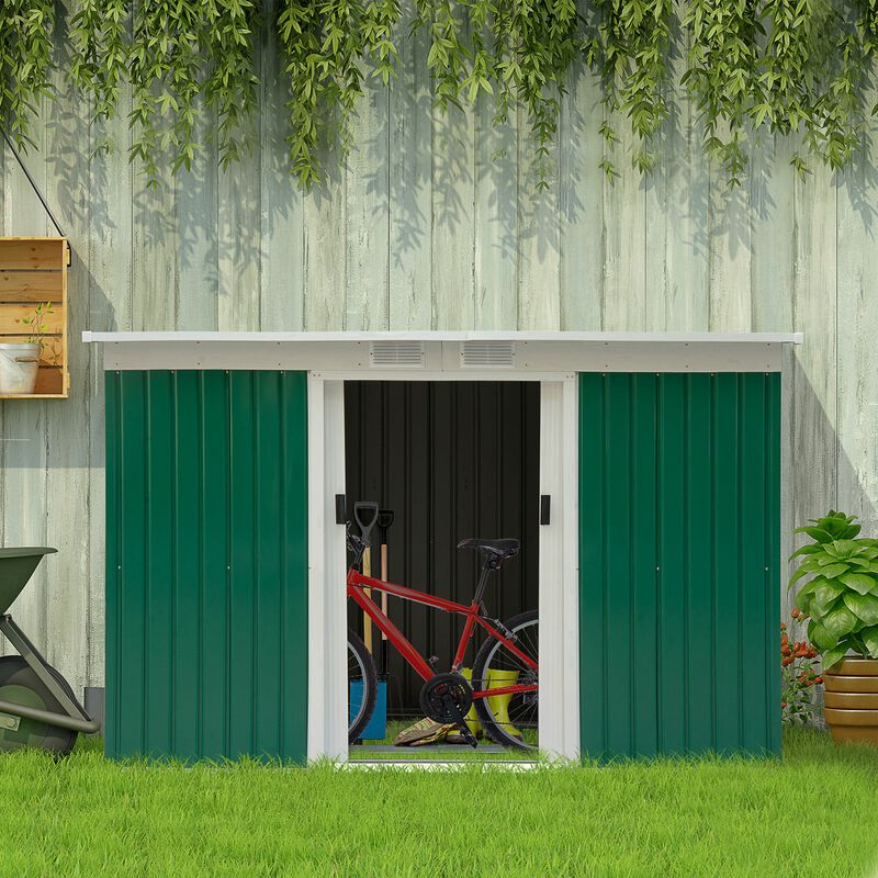 Outsunny 9' x 4' Outdoor Storage Shed, Galvanized Metal Utility Garden Tool House, 2 Vents and Lockable Door for Backyard, Bike, Patio, Garage, Lawn, Green