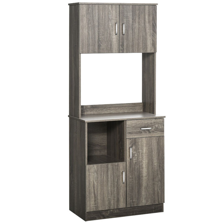 Kitchen Pantry Storage Cabinet with Microwave Stand, Buffet with Hutch, Door Cupboards, Drawer and Adjustable Shelves, Gray