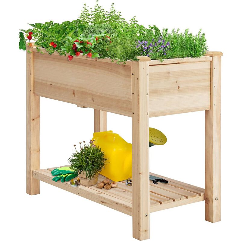 Hivvago Solid Wood 2 Tier Raised Garden Bed Planter Bed with Bottom Storage Shelf