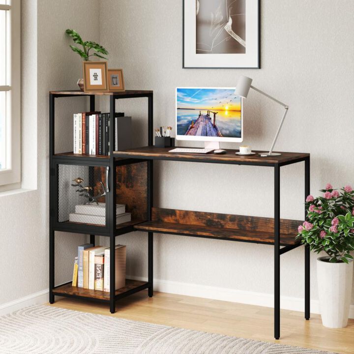 Hivvago Computer Desk with Bookshelf Home Office Desk with Storage Cabinet and Shelves-Rustic Brown