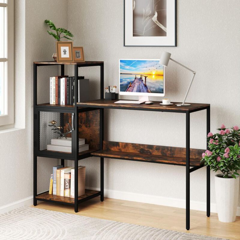 Hivvago Computer Desk with Bookshelf Home Office Desk with Storage Cabinet and Shelves-Rustic Brown