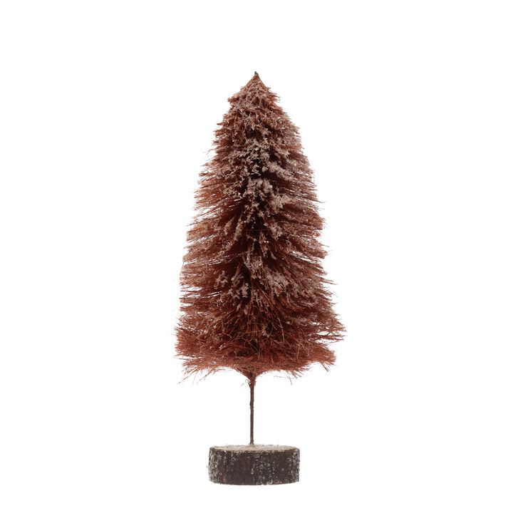 Sisal Bottle Brush Tree with Wood Slice Base with Snow Finish, Mulberry