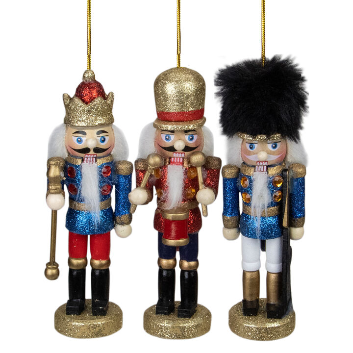 Set of 3 Glittery Nutcracker King  Soldier and Drummer Ornaments 5.25"
