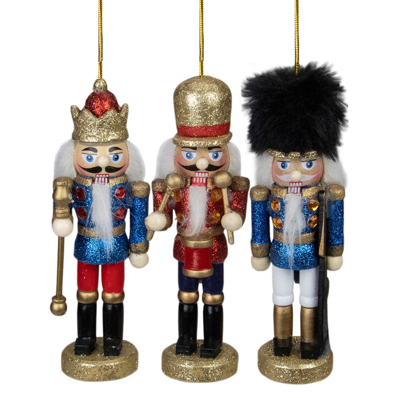 Set of 3 Glittery Nutcracker King  Soldier and Drummer Ornaments 5.25"