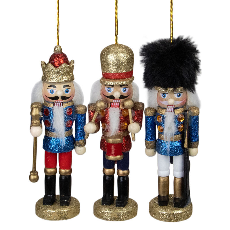 Set of 3 Glittery Nutcracker King  Soldier and Drummer Ornaments 5.25" image number 0