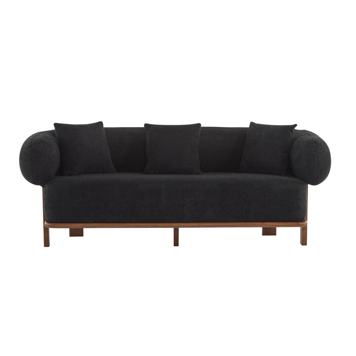 Christopher Knight Home Tadg 82" Rubberwood Boucle Upholstered 3 Seater Curved Sofa with 3 Pillows and Round Arm