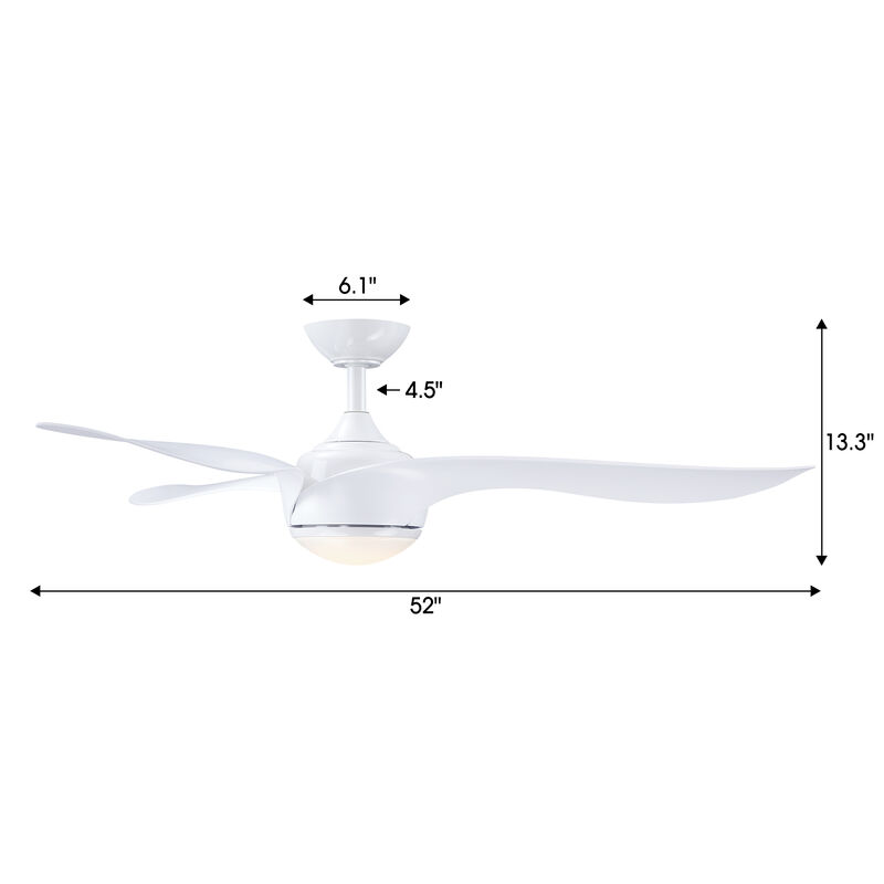 52" Modern White Reversible Dimmable 3 Aero Blades Ceiling Fan with Light and Remote for Bedroom, Living Room or Office image number 5
