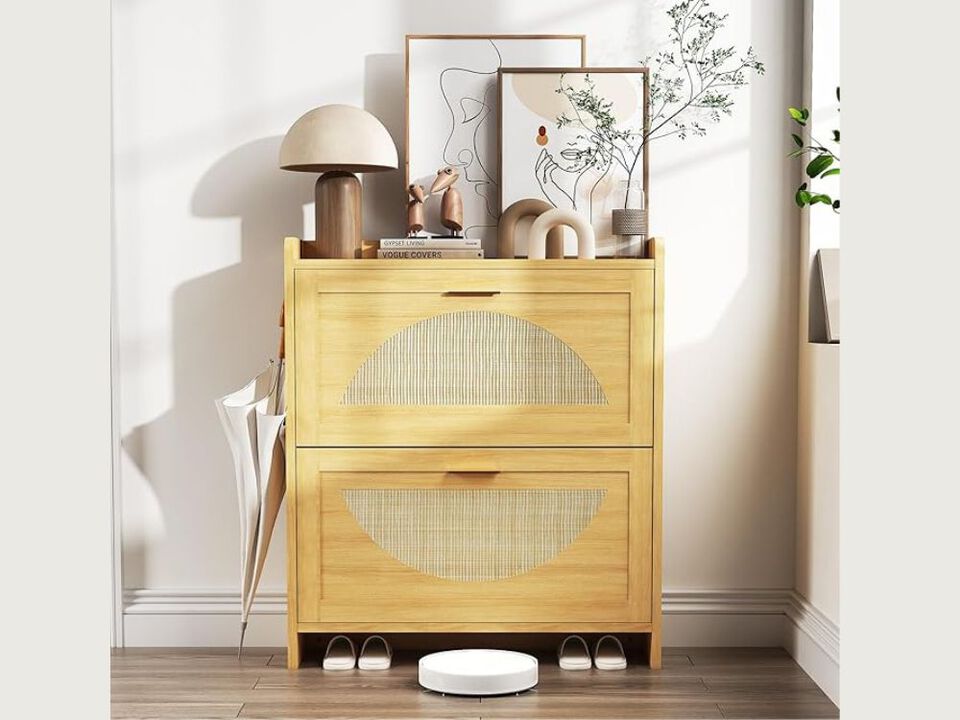 Slim Entryway Wood Shoe Storage Cabinet Flip Drawer Adjustable Shelves