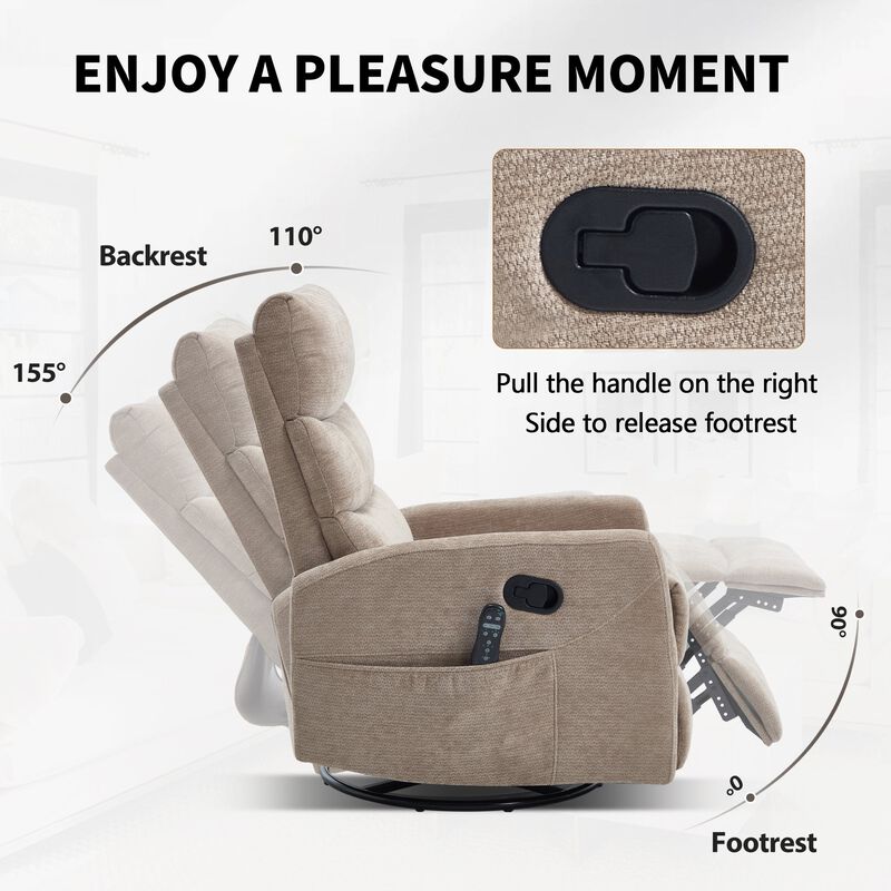 Chenille Manual Recliner Chair Swivel Rocker Recliner with Heat & Massage image number 4