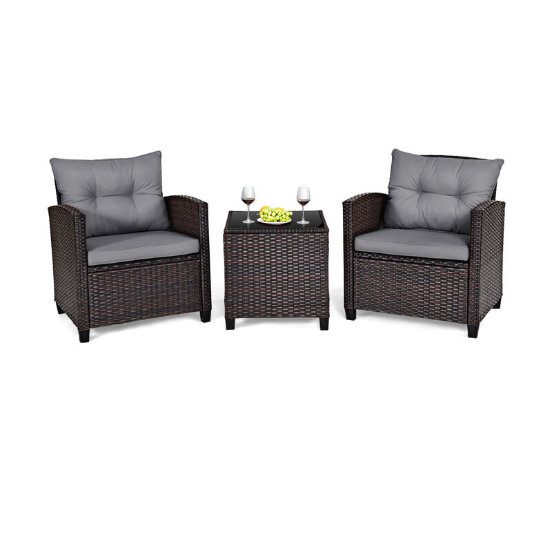 3 Pcs Patio Rattan Furniture Set Cushioned Conversation Set Coffee Table
