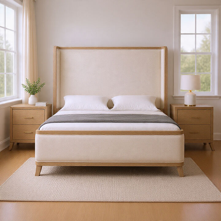 Queen Bedroom Set, Natural Oak Brown, White Wood, 3 Piece Set with 2 Nightstands