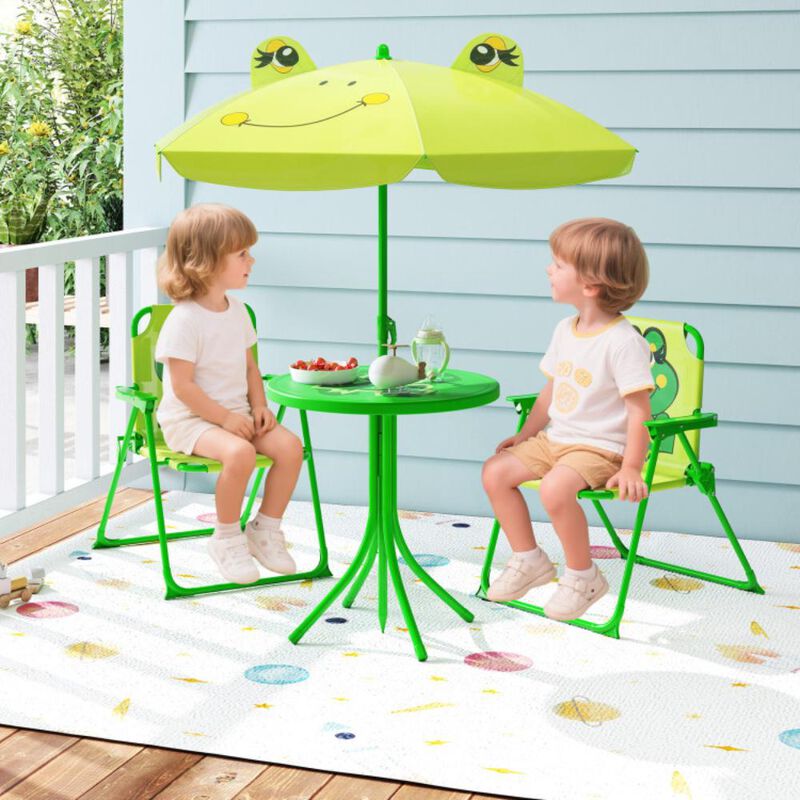 Hivvago 4 Pieces Kids Picnic Set with 2 Folding Chairs and Height Adjustable Umbrella