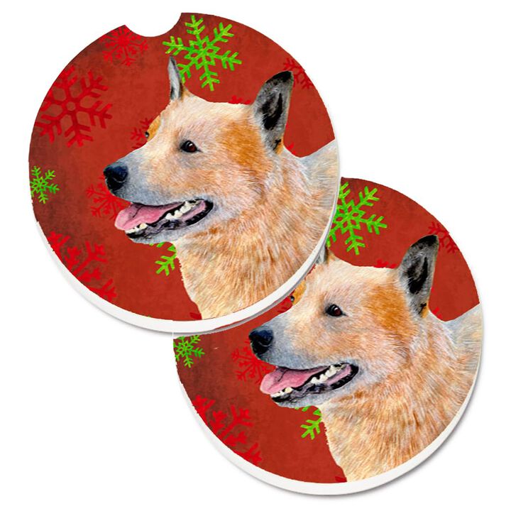 Caroline's Treasures Australian Cattle Dog Red green Snowflakes Christmas Set of 2 Cup Holder Car Coasters LH9317CARC, 2.56, Multicolor