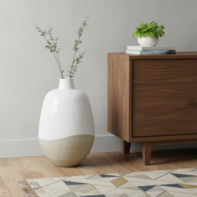 HomeRoots 32" White And Beige Color Block Ceramic Round Floor Vase image number 1