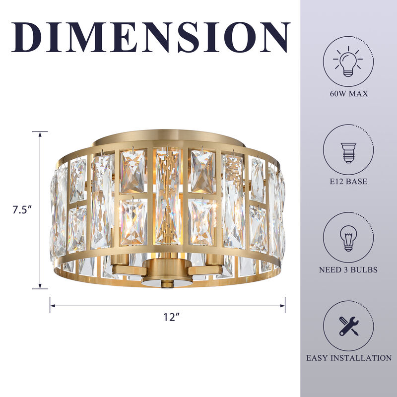 11.89 in Modern Glam 3-Light Dimmable Crystal Flush Mount Ceiling Light image number 2
