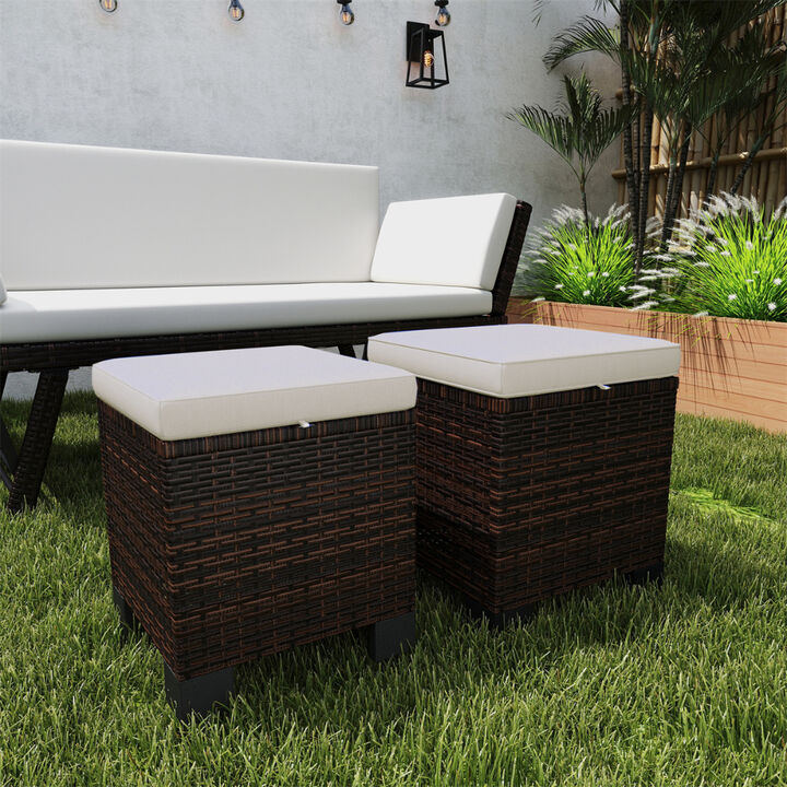 Set of 2 Outdoor Wicker Ottomans, Stylish and Weatherproof Footrests for Patio or Yard