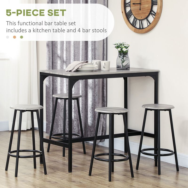 5-Piece Bar Table and Chairs Set, Industrial Space Saving Dining Table and 4 Round Bar Stools with Metal Frame for Pub, Dining Room, Gray