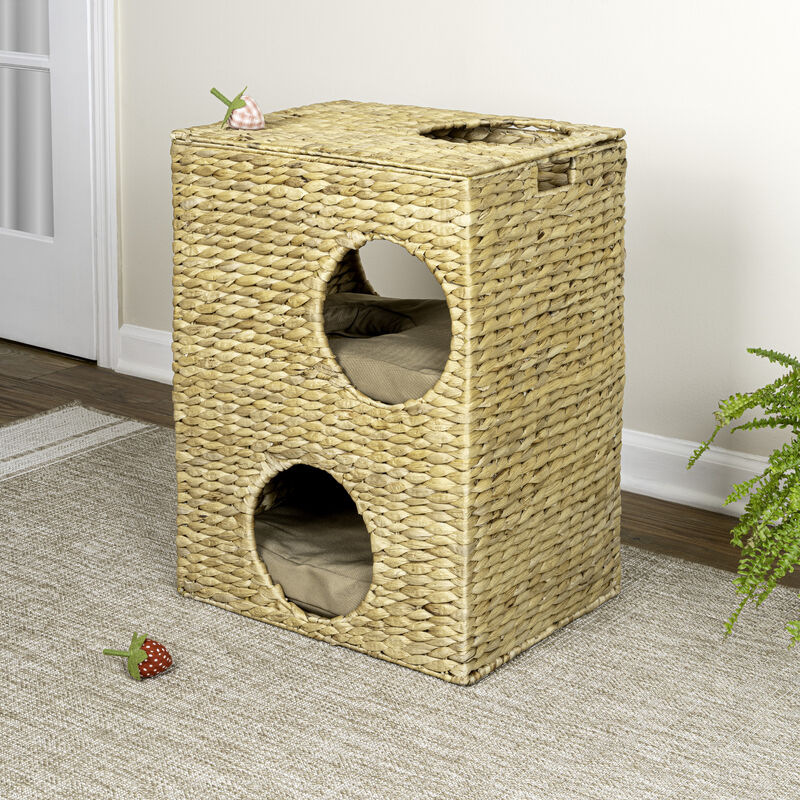 Jaxon Modern Classic 2-Tier Handwoven Hyacinth Rectangular 5-Hole Cat Condo with 2 Machine-Washable Cushions image number 5