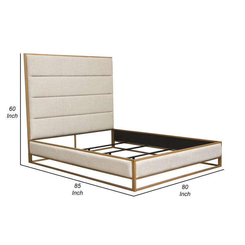 Chek King Size Bed w Channel Tufted Upholstery, Sand Brown, Gold Metal