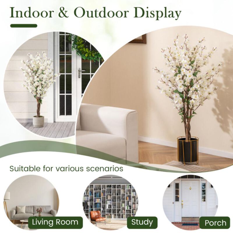 Hivvago Faux Plum Blossom Plant with White Fabric Flower and Solid Wood Trunk