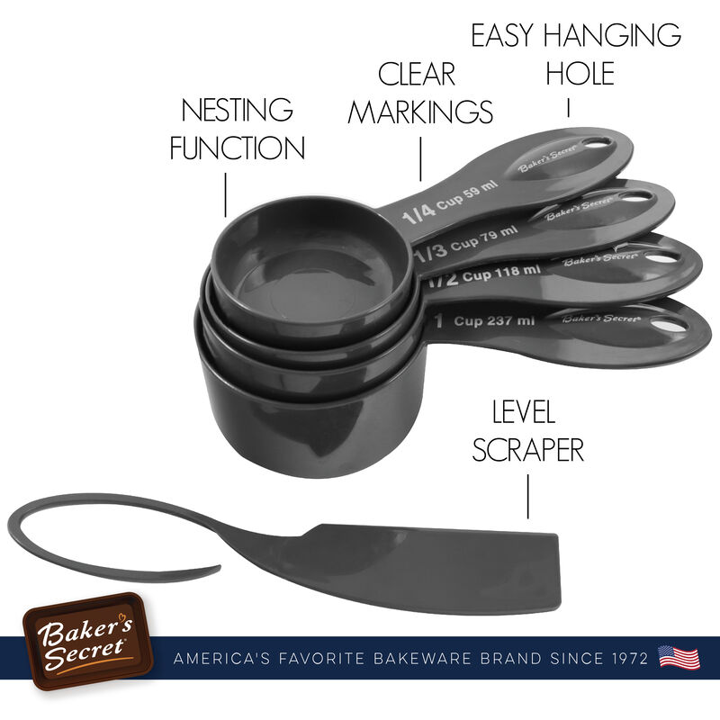Baker's Secret Measure Cups, 4pcs Set, Plastic Durable Measure Cup, Kitchen Essentials, Black