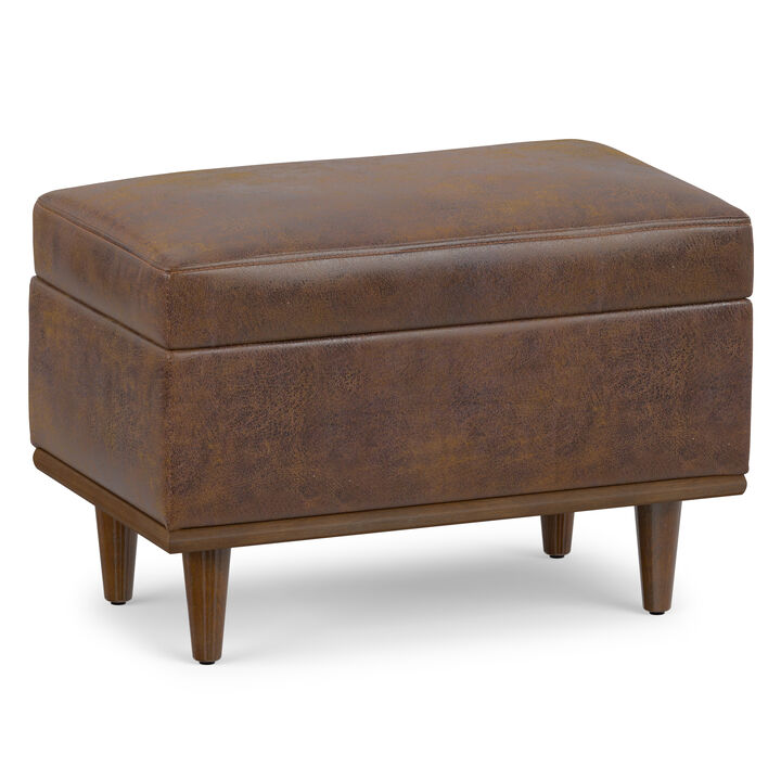 Shiloh 26 inch Wide Transitional Contemporary Small Storage Ottoman in Distressed Chestnut Brown Vegan Faux Leather, Assembled