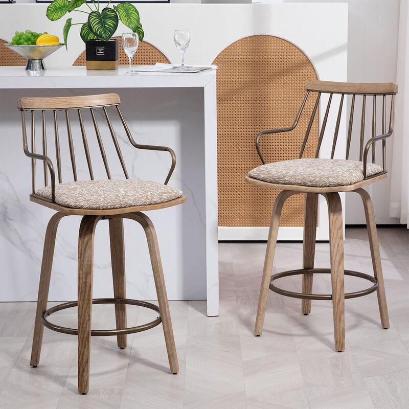 Glamour Home Beatrice Brown and White Woven Fabric Counter Stool with Natural Wood Legs