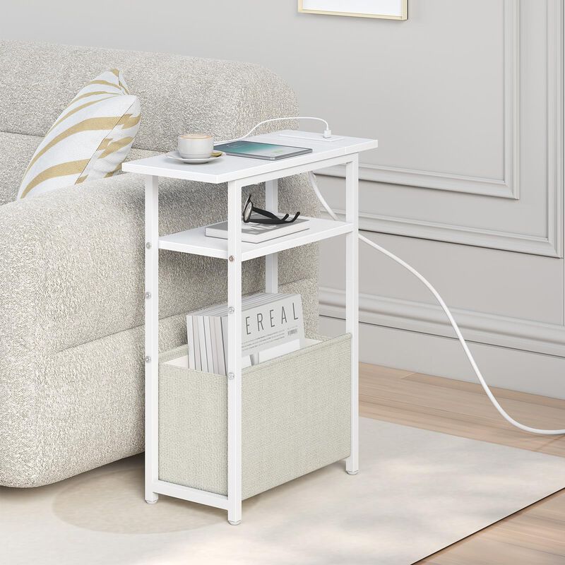 sthmec Narrow Side Table with Charging Station, Small End Table for Small Spaces, Skinny Nightstands with Storage Basket, 3 Tier